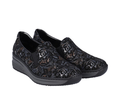 Rieker Ladies Black Slip On Low Wedge Shoe 48752-90