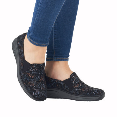 Rieker Ladies Black Slip On Low Wedge Shoe 48752-90