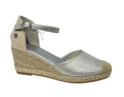 XTI Ladies Ankle Strap Espadrille Wedge Silver Shoe 142847