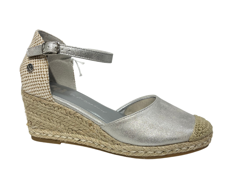 XTI Ladies Ankle Strap Espadrille Wedge Silver Shoe 142847