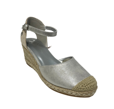 XTI Ladies Ankle Strap Espadrille Wedge Silver Shoe 142847
