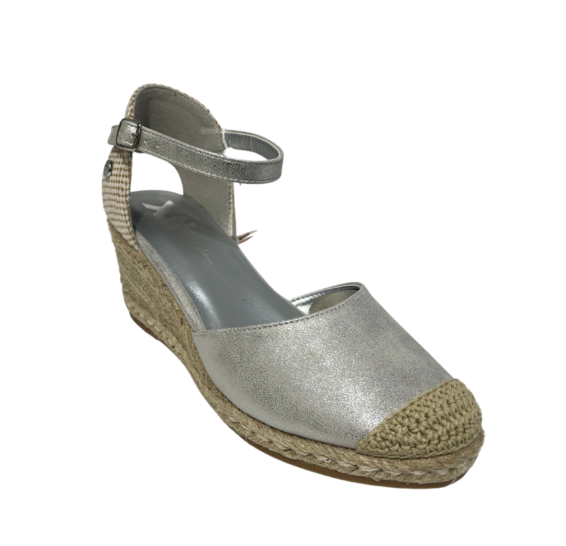 XTI Ladies Ankle Strap Espadrille Wedge Silver Shoe 142847