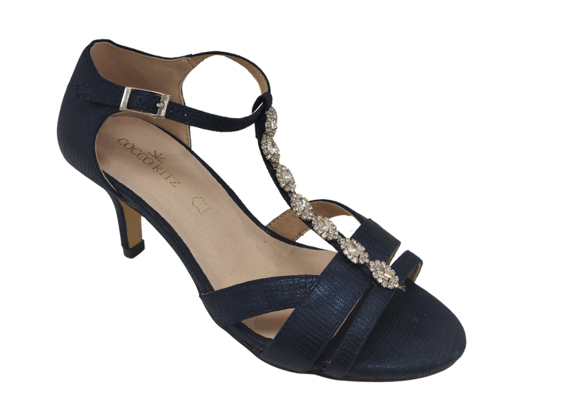 Coco Ritz Ladies Navy Diamonte T-Bar Sandal 1007